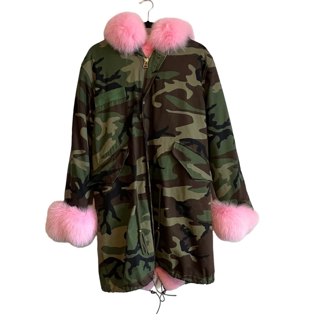 Women’s 100% Fox Fur Coat Camo No Designer Pink Heavy Winter